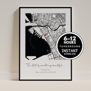 May include: Framed black and white map print of Manila, Philippines, with a red marker. The print includes the text "The start of something beautiful..." and "Miya & Kira." A circular graphic states "6-12 HOURS TURNAROUND INSTANT DOWNLOAD."