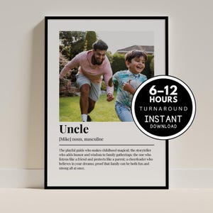 Puede incluir: Impresión enmarcada con una foto de un hombre y un niño corriendo. La palabra "Uncle" y su definición están impresas debajo. Un gráfico circular indica "6-12 HOURS TURNAROUND INSTANT DOWNLOAD".