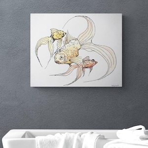 Japandi Textured Wall Art, 3D Goldfish Betta Fish Painting, Japanese Koi Fish Line Art, Zen Bathroom Decor, Calming Bathroom Artwork