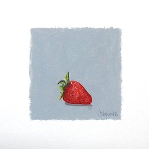 Strawberry Oil Painting - Small Wall Art Berry Fruit on Gray Original Still Life Oil Painting on Paper