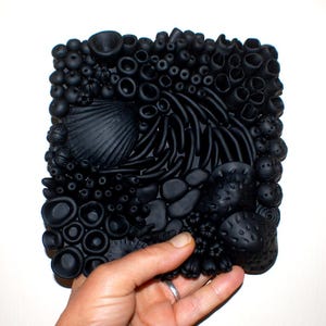 Square Coral Reef Relief Sculpture | Dark Monochromatic Wall Art | Handcrafted Ocean Inspired Decor | High-End Interior Design Accent
