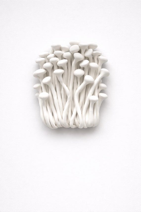 Enoki Mushroom Fungi Wall Sculpture: 3D Clay Art, Modern Organic Decor, Textured Wall Hanging