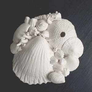 Seashell Wall Art Clay Plaque Coastal Decor Beachcombing Treasures, Ocean Inspired Sculpture, Signed & Numbered, Small Beach House Wall Art