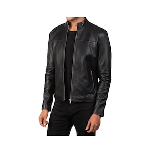 Chaqueta de piel de oveja negra - Chaqueta de piel hecha a mano para hombre - Chaqueta vintage de cartero - Chaqueta de piel de oveja auténtica - Chaqueta de motociclista con cuello de banda