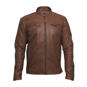Chaqueta de cuero hecha a mano para hombre, chaqueta de cuero de oveja marrón, chaqueta de cuero de moda para hombre, chaqueta de cuero de cartero para hombre