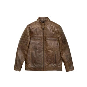 Chaqueta de piel de vacuno envejecida hecha a mano – Chaqueta de motociclista vintage marrón para hombre – Chaqueta de motociclista de piel flor – Abrigo artesanal resistente