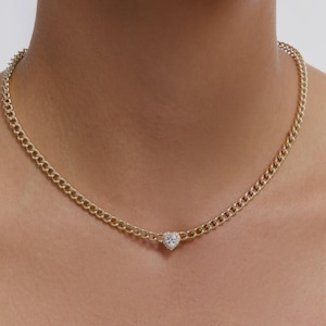 Heart Charm Cuban Link Necklace - 18k Gold Vermeil, Choker Necklace, Christmas Gift