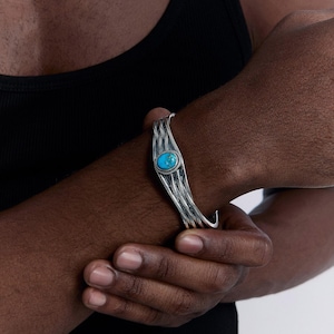 Handmade Turquoise Stone Cuff Bracelet: 925k Sterling Silver Unisex Jewelry