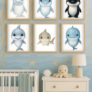 Beluga Whale, Dolphin, Orca, Shark, Tiger Shark & Whale Nursery Wall Art Set | A4 A3 Ocean Animal Prints | Baby Room  + Free Milestone Chart