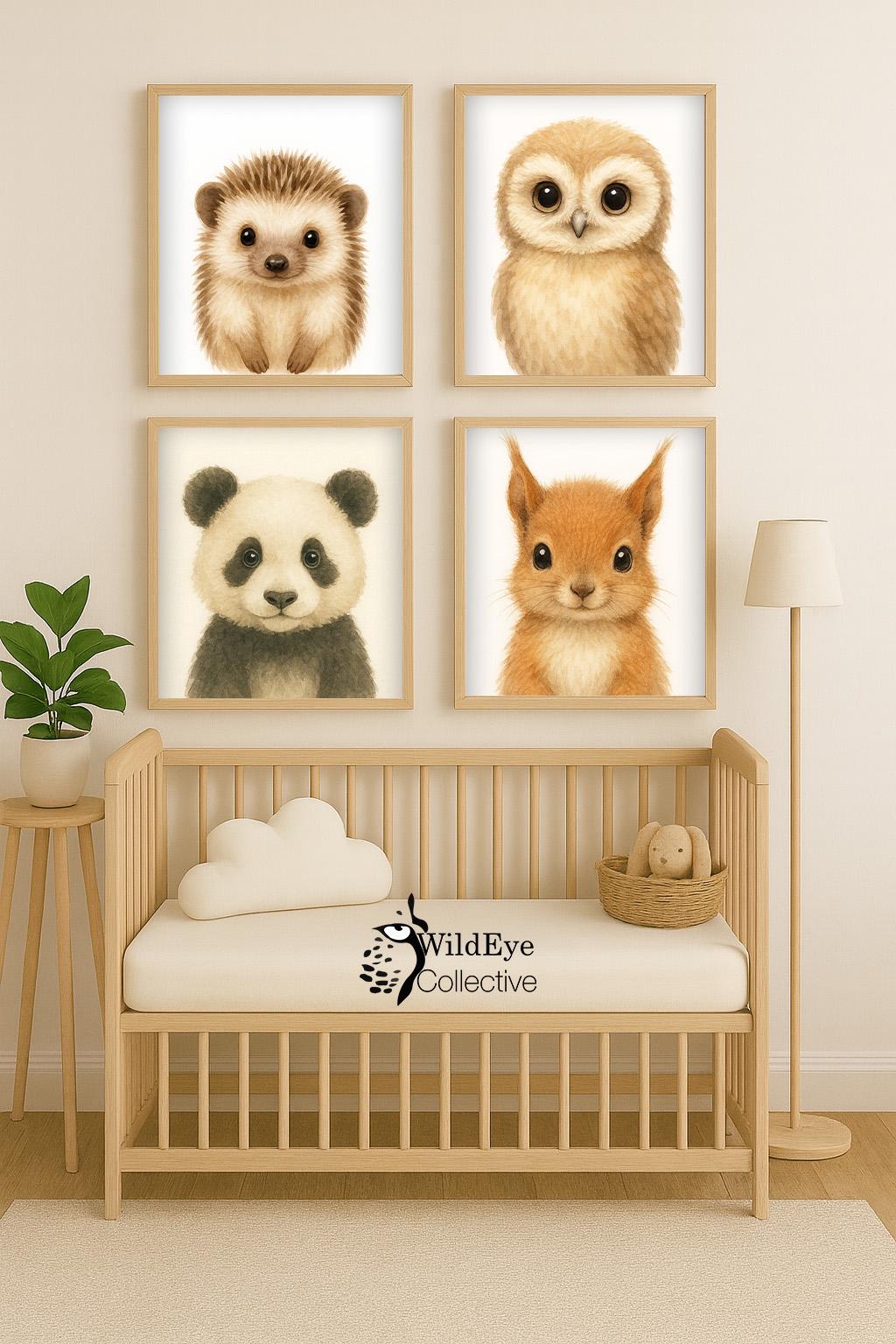 Hedgehog, Owl, Panda and Squirrel Nursery Wall Art Set | A4 A3 Baby Room Decor | Woodland & Fore