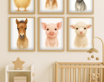 Farm Nursery Wall Art Set | Cow, Horse, Pig, Sheep, Donkey and Chicken Prints | A4 A3 Baby Room Decor Farm Collection + Free Milestone Chart