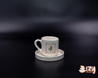 Hand-Painted Floral Ceramic Coffee Cup and Saucer Set