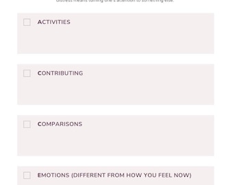 May include: A white page with the title "DISTRACT WITH WISE MIND ACCEPTS" in black text. Below, a description explains the skill. Four sections are listed: ACTIVITIES, CONTRIBUTING, COMPARISONS, and EMOTIONS (DIFFERENT FROM HOW YOU FEEL NOW).