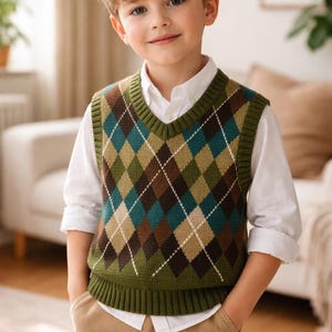 Breipatroon argylevest kinderen, trui met V-hals (maten 4-12) (meertalige pdf-download)