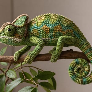 Puede incluir: Un camaleón de ganchillo hecho a mano en tonos verdes, amarillos y azules, posado en una rama marrón. La cola del reptil está enroscada y tiene detalles. El camaleón está rodeado de hojas verdes, creando una escena natural.