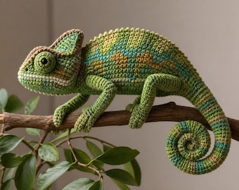 Patrón de amigurumi de camaleón de ganchillo multilingüe en PDF para lagarto realista. Reptil articulado para hacer tú mismo.