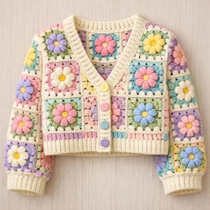 Peut inclure: Cardigan crochet aux couleurs pastel avec un col en V et une fermeture boutonnée. Le pull présente des panneaux carrés avec des appliqués de fleurs en 3D dans les tons de rose, jaune, bleu et blanc. La bordure et les poignets sont de couleur crème.