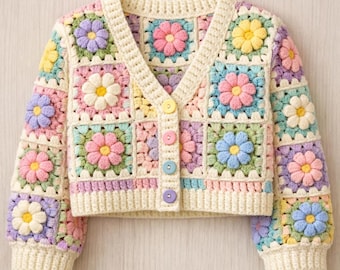 3D Flower Crochet Cardigan Pattern | Pastel Granny Square Crop Top Tutorial (PDF)