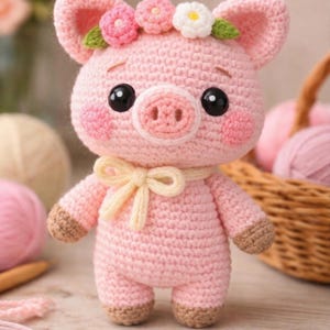 Floral Piggy Pattern | Multilingual Pig Crochet Tutorial with Flower Crown & Bow | DIY Amigurumi Stuffed Animal | Instant PDF Download