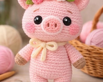 Floral Pig Crochet Pattern | Amigurumi Piglet with Flower Crown (PDF Download)