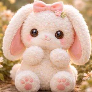 May include: A plush white bunny with large, dark eyes and pink accents. It has a pink bow and flower on its head, and pink paw prints on its feet. The bunny is sitting in a field of flowers.