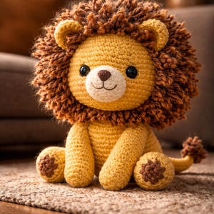 Pode incluir: Um leão de crochê amarelo feito à mão com uma juba, orelhas e cauda marrons. O leão tem um rosto branco, olhos pretos e um nariz marrom. O leão está sentado em um tapete.