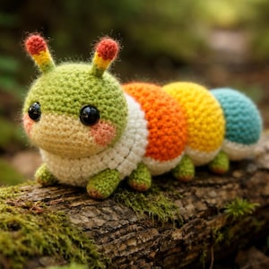 Puede incluir: Una oruga de ganchillo hecha a mano en colores vibrantes. La oruga presenta una cabeza verde con antenas de punta roja, un vientre blanco y segmentos de naranja, amarillo y azul. Descansa sobre un tronco cubierto de musgo, mostrando un diseño caprichoso.
