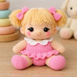 Puede incluir: Muñeca de ganchillo hecha a mano con cabello rubio peinado en dos coletas, cada una adornada con un lazo rosa. La muñeca viste un vestido rosa con cuello blanco y zapatos rosas a juego. Tiene ojos negros y mejillas rosadas.
