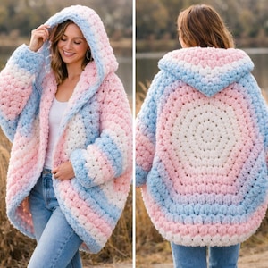 Pastel Hexi Cardigan Häkelanleitung | Grobstrick Oversized Kapuzenpullover Anleitung (PDF)