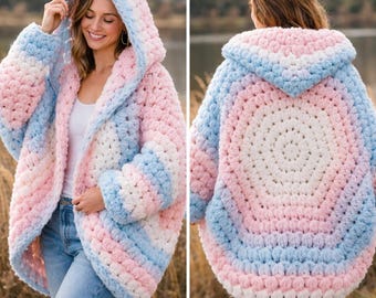 Pastel Hexi Cardigan Crochet Pattern | Chunky Oversized Hooded Sweater Tutorial (PDF)