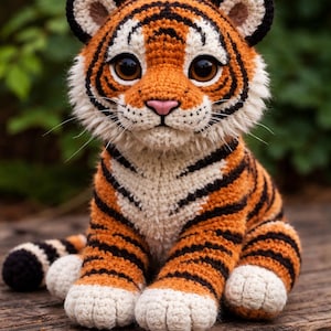 Peut inclure: Une peluche tigre au crochet faite à la main, avec des rayures orange et noires, des détails blancs et de grands yeux bruns. L'animal en peluche a un nez rose et est assis sur une surface en bois. Les oreilles du tigre sont noires et blanches.