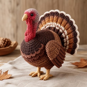 Puede incluir: Una figura de pavo hecha a mano con ganchillo. El pavo tiene una carúncula y cabeza rojas, un pico beige y un cuerpo marrón con plumas de cola beige y blancas. El pavo está de pie sobre patas beige.