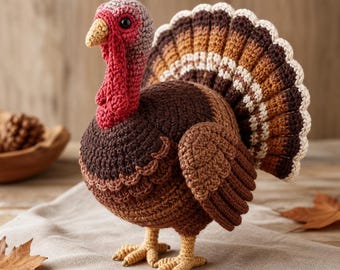Patrón de ganchillo multilingüe en PDF de pavo realista / Decoración otoñal de amigurumi avanzada