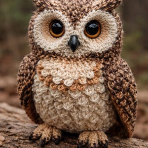 Może przedstawiać: Ręcznie robiona figurka sowy z szydełka w odcieniach brązu, beżu i kremu, z dużymi, wyrazistymi oczami. Sowa siedzi na kawałku drewna, prezentując swoją szczegółową fakturę i kunszt wykonania. Uroczy przedmiot dekoracyjny.