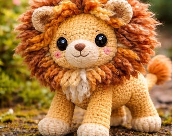 León realista hecho en casa: Patrón de ganchillo multilingüe para un león de melena peinada y suave.