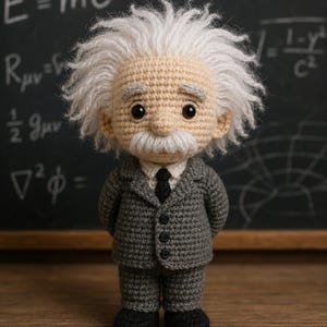 May include: Crocheted doll of Albert Einstein, featuring a light tan head, white hair, and a gray suit. The doll has a white mustache and is standing in front of a chalkboard with equations.