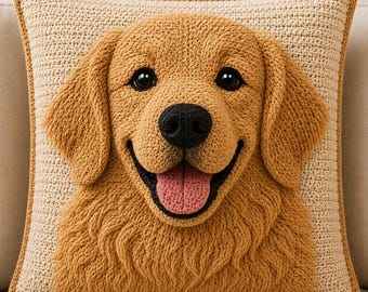 Patrón de ganchillo para almohada de Retriever, amigurumi multilingüe con cara de perro en 3D