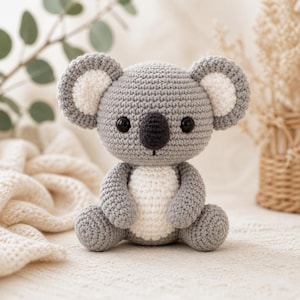 May include: A handmade crochet koala bear in shades of gray and white. The koala has large, round ears with white inner ear details, a dark gray nose, and black safety eyes. The plush toy is sitting with its arms and legs in a relaxed position.