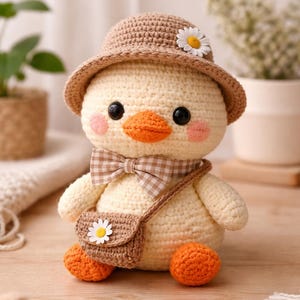 Könnte beinhalten: Handgehäkelte Entenpuppe mit hellgelbem Körper, orangefarbenen Füßen und Schnabel sowie schwarzen Augen. Sie trägt einen braunen Hut mit Gänseblümchen, eine karierte Fliege und eine kleine Tasche mit Gänseblümchen. Ein handgefertigtes Spielzeug.