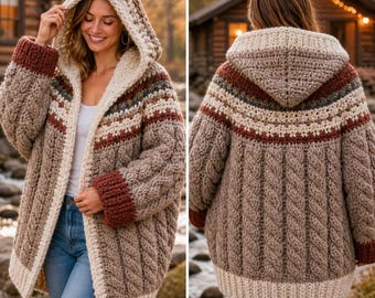 Patrón de cárdigan de ganchillo, suéter con capucha grueso multilingüe, cárdigan de invierno trenzado DIY