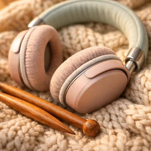 May include: A pair of wooden knitting needles and a set of pink and mint green headphones rest on a cream-colored knitted blanket. The headphones have a soft, plush ear covering and a silver metal band.