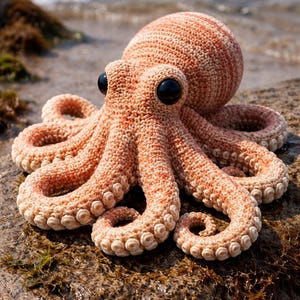 Op de afbeelding: Een handgemaakte, gehaakte octopus in perzik- en crèmetinten, met grote zwarte ogen. De pluche octopus is geplaatst op een rots bij de zee, met zijn acht gedetailleerde tentakels. Een charmant, zacht speelgoed.
