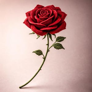 Puede incluir: Una rosa roja hecha a mano con ganchillo, con hojas y tallo verdes. La rosa está en plena floración, mostrando detalles intrincados. El tallo tiene pequeñas espinas. El fondo es un degradado rosa suave.