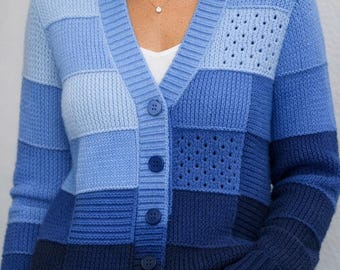 Azure Patchwork Knit Cardigan Pattern, Asymmetric Colorblock Sweater DIY Tutorial (Digital PDF)