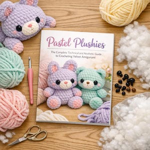 May include: A book titled "Pastel Plushies" with a crochet bear on the cover, surrounded by yarn, a crochet hook, scissors, and stuffing. The book is a guide to crocheting velvet amigurumi. The color palette includes pastel shades of purple, pink, and mint green.