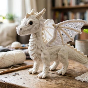 May include: A handcrafted, white crochet dragon with detailed wings, horns, and a tail. The dragon is posed on a wooden table, with yarn and a crochet hook nearby. The dragon is approximately 10 inches tall.