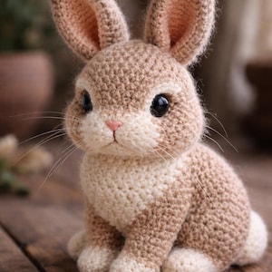 Op de afbeelding: Een handgemaakte gehaakte konijn in bruin- en crèmetinten. Het konijn heeft grote, zwarte ogen, lange snorharen en een roze neus. De oren staan rechtop en het konijn zit op een houten oppervlak. Een charmant, zacht speelgoed.