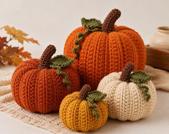 Patrón de calabaza a crochet: PDF multilingüe para decoración otoñal de estilo rústico.