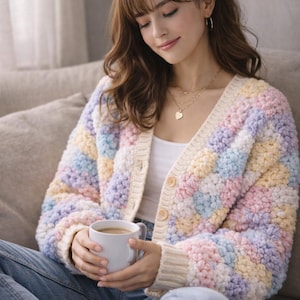 May include: A pastel-colored, textured cardigan with a V-neck and button closure. The sweater features a pattern of light blue, yellow, pink, and lavender squares. The person is wearing a white top and blue jeans, holding a white mug.