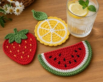 Patrón de posavasos de frutas / Decoración de mesa de verano a crochet en PDF, tutorial multilingüe
